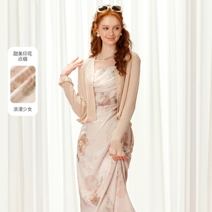 甜美雪纺印花吊带连衣裙女 商场同款 糖力 油画少女长裙 2025秋新款