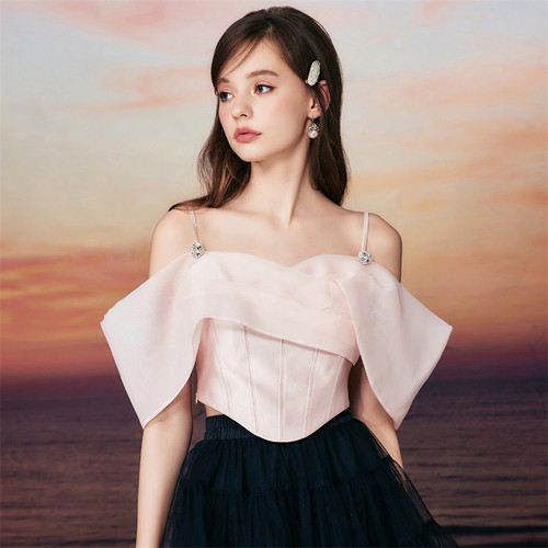 女短款鱼骨塑腰糖仙女吊带上衣