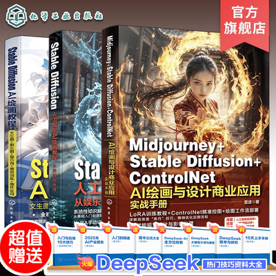 3册 Stable Diffusion文生图+图生图+提示词+模型训练+插件应用 人工智能AI绘画教程  Midjourney+Stable Diffusion+ControlNet