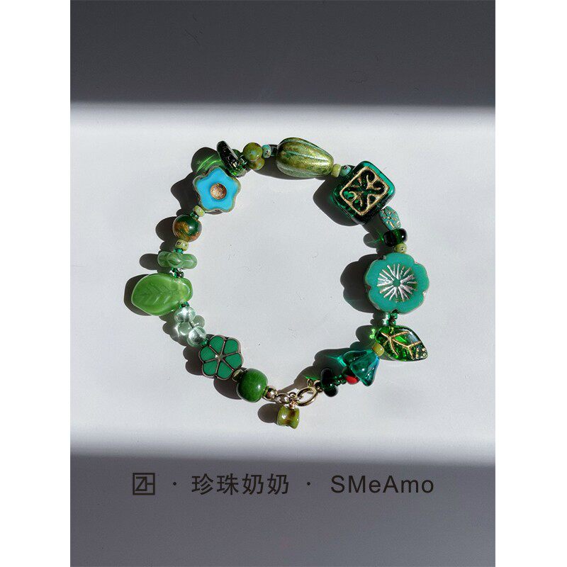 珍珠奶奶/复古绿色系"绿光森林"小众vintage原创设计琉璃手链