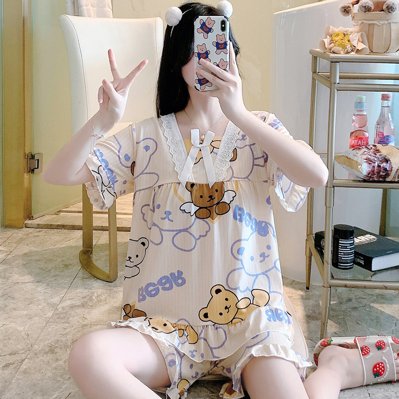 3网红爆款睡衣女纯棉短袖短裤夏季新款大码胖mm甜美可爱家居服套装