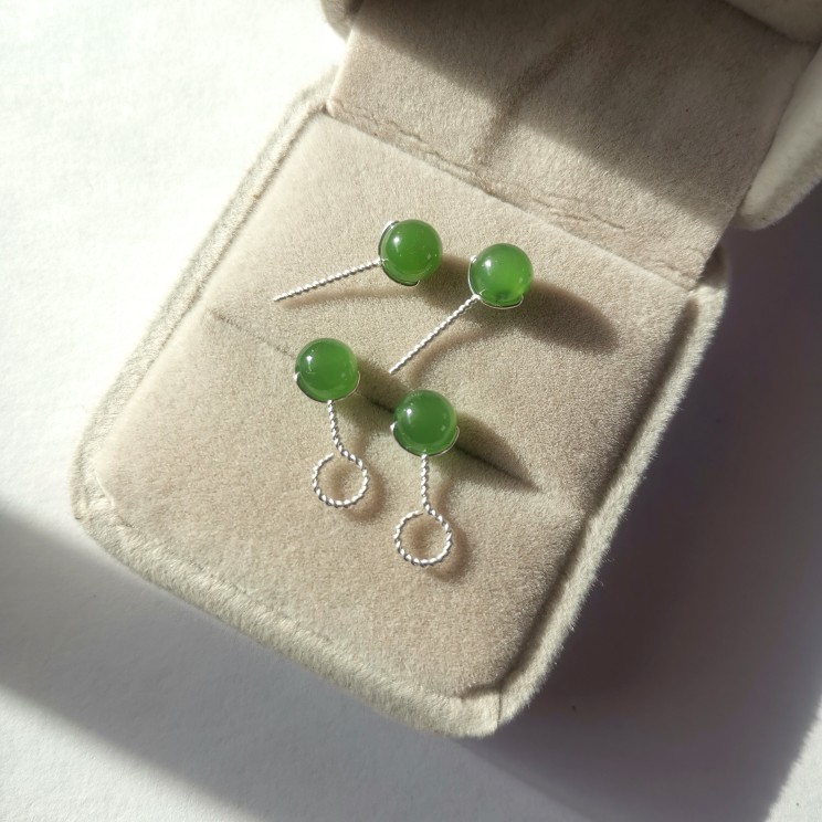 原创s999足银天然和田碧玉耳钉菠菜绿玉石简约优雅女弯钩耳环秋冬
