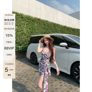 LIN BOUTIQUE 碎花修身型吊带裙收腰系带度假风连衣裙女春夏短裙