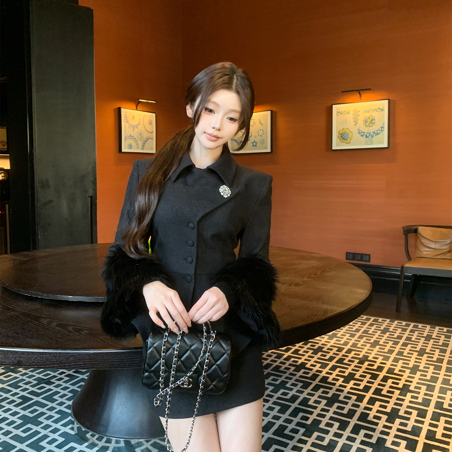 LIN BOUTIQUE 荷叶边领口狐狸毛毛呢外套+伞形下摆毛呢半裙套装,女装/女士精品,时尚套装,淘宝优惠券,粉丝福利购,淘宝优惠卷