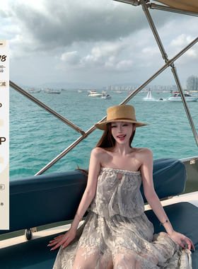 LIN BOUTIQUE zi*m*r长款露肩高定印花一字肩度假风连衣裙女长裙