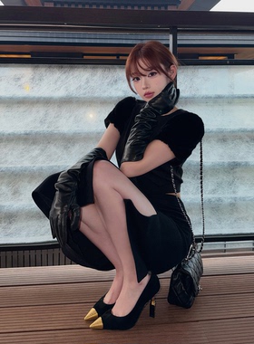 LIN BOUTIQUE 平肩设计双面磨毛短款拼接开衫+空气感细节半裙套装