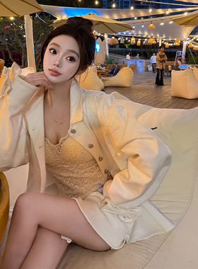 张林超LIN BOUTIQUE  法式古巴领自然垂感蝴蝶结装饰弹力牛仔外套