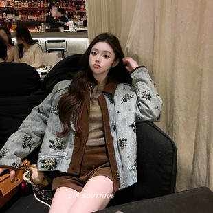 BOUTIQUE 春季 miu系重工钉珠牛仔外套 套装 新 咖色短裤 张林超LIN