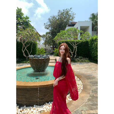 LIN BOUTIQUE zi*m*r长款高定印花长袖一字肩度假连衣裙女春夏