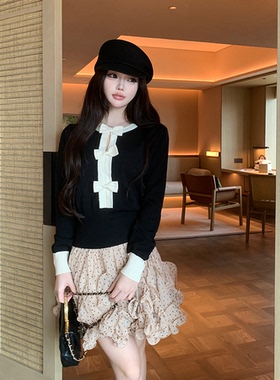 张林超 LIN BOUTIQUE 百搭圆领两色蝴蝶结毛衣针织衫