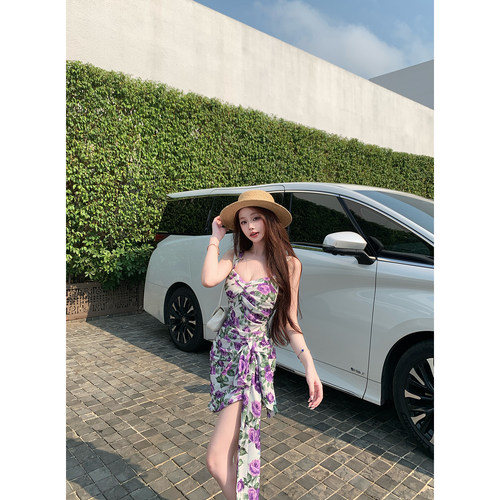 LIN BOUTIQUE 碎花修身型吊带裙收腰系带度假风连衣裙女春夏短裙
