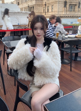 LIN BOUTIQUE 防夹毛布边细腻柔滑高品质丝绒荷叶领环保毛外套女