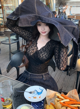 张林超LIN BOUTIQUE 性感美背直角肩V领蕾丝长袖打底衫女