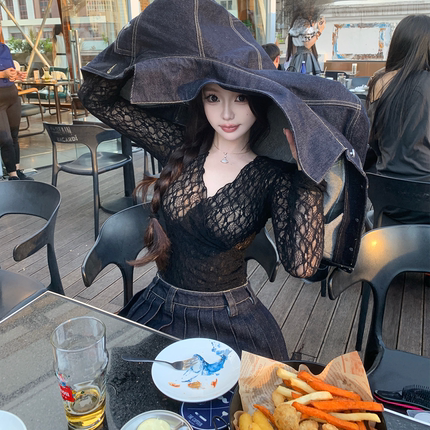 张林超LIN BOUTIQUE 性感美背直角肩V领蕾丝长袖打底衫女