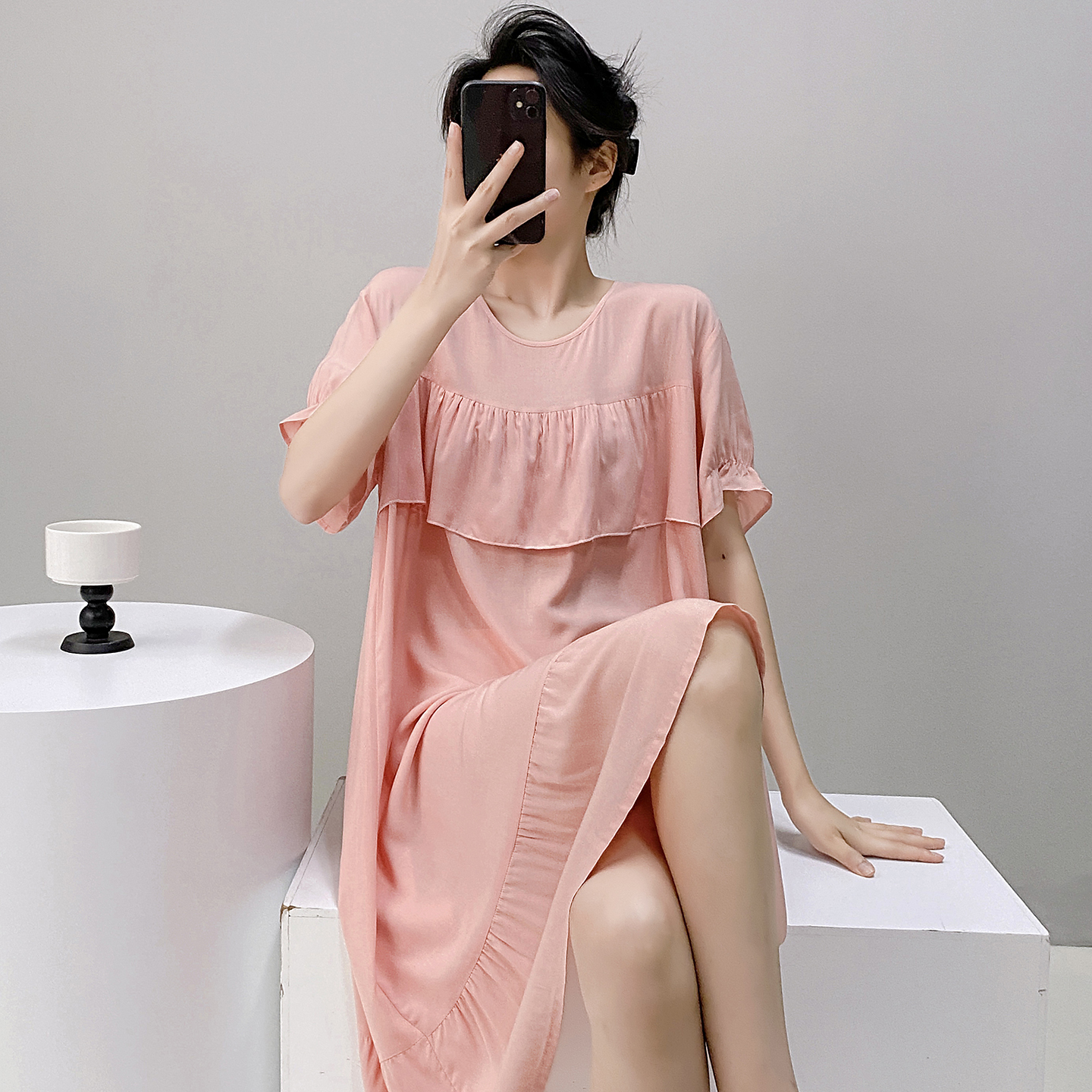 防凸点棉绸睡裙夏季薄款纯色短袖连衣裙少女人造棉睡衣外穿家居服