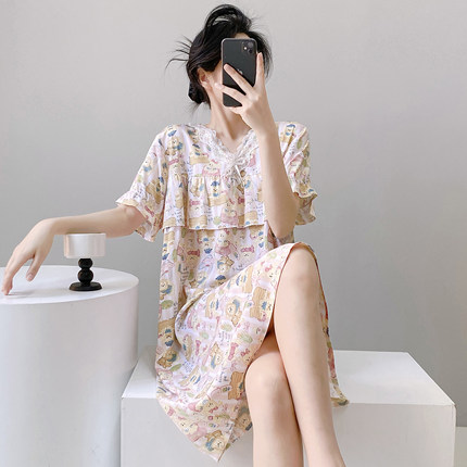 防凸点棉绸睡裙女夏季薄款少女卡通短袖睡衣人造棉大码外穿连衣裙