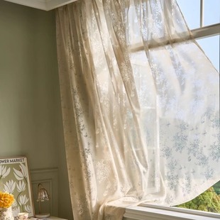 法式 复古窗帘纱帘透光不透人窗纱客厅阳台飘窗卧室米杏色蝶恋花