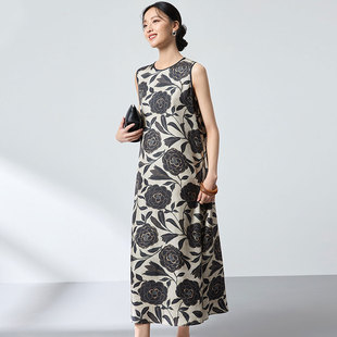 迪奥真丝连衣裙女夏2026新款 复古印花长裙气质桑蚕丝背心裙子 法式