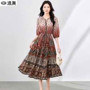 迪奥高端复古印花桑蚕丝连衣裙女夏季2026新款度假民族风真丝裙子