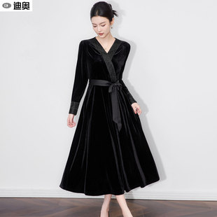 迪奥法式 高端钉珠气质名媛风宴会礼服裙 金丝绒连衣裙女25秋冬新款