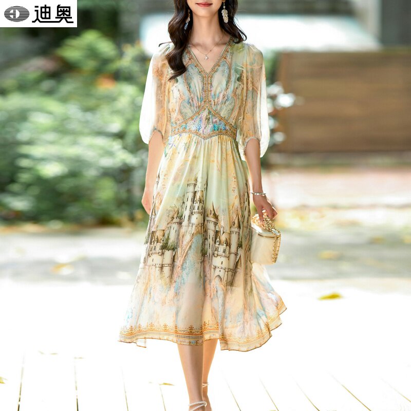 迪奥轻奢法式真丝连衣裙女2026夏季新款高级重工烫钻桑蚕丝印花裙