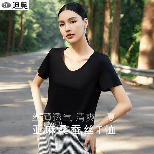 迪奥纯色亚麻桑蚕丝短袖T恤女夏