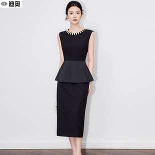 迪奥高级感赫本风连衣裙女26秋款轻奢钉珠气质名媛风假两件中长裙