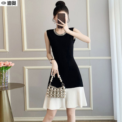 迪奥千金风时髦简约撞色连衣裙夏