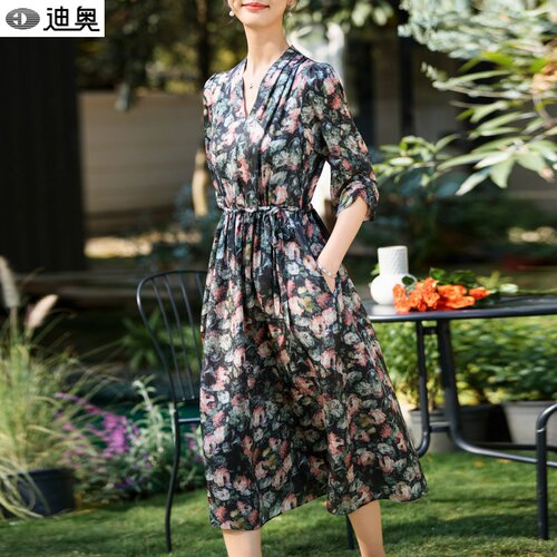 迪奥桑蚕丝连衣裙油画风茶歇裙子