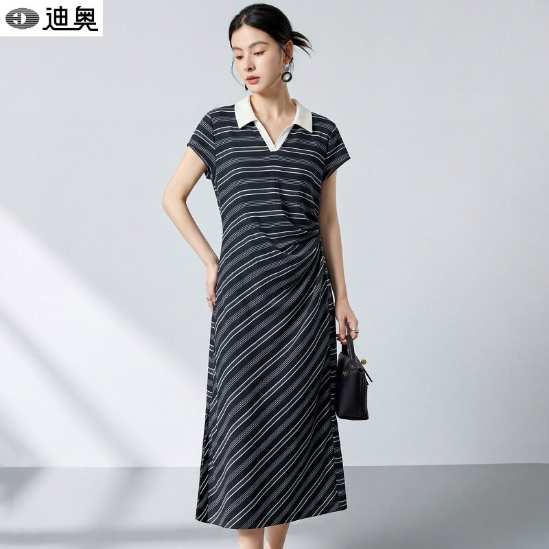 迪奥复古真丝条纹连衣裙女夏2026新款气质V领撞色桑蚕丝中长裙子