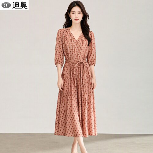 迪奥优雅减龄碎花真丝连衣裙女夏