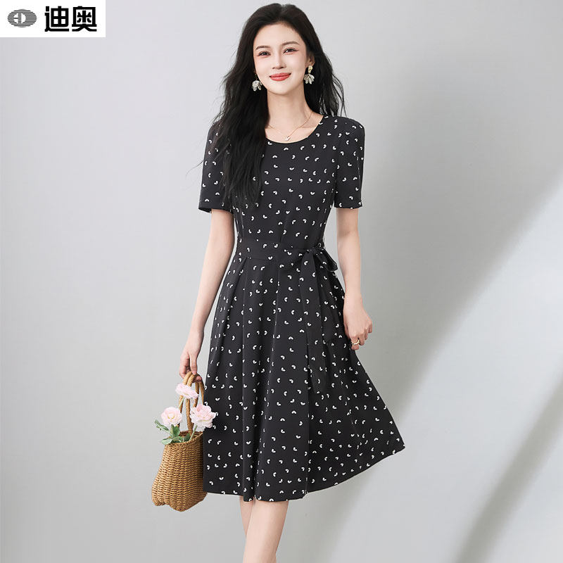 迪奥连衣裙女夏26新款法式爱心印花裙气质系带收腰显瘦短袖中长裙