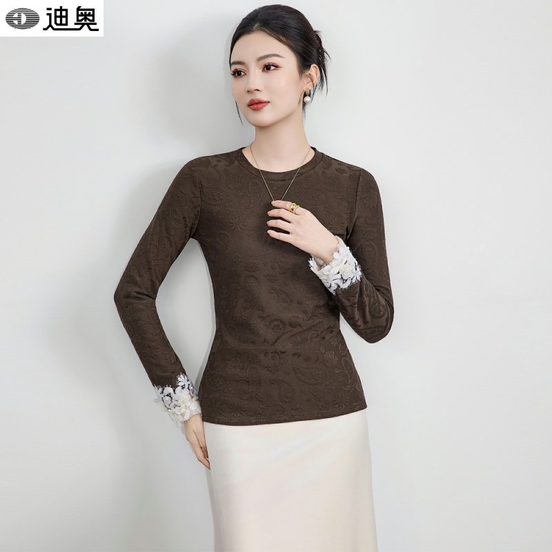 迪奥蕾丝拼接打底上衣女2025秋冬新款高品质休闲简约别致内搭上装