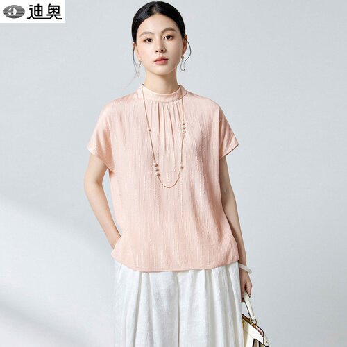 迪奥高端极简风桑蚕丝立领短袖女