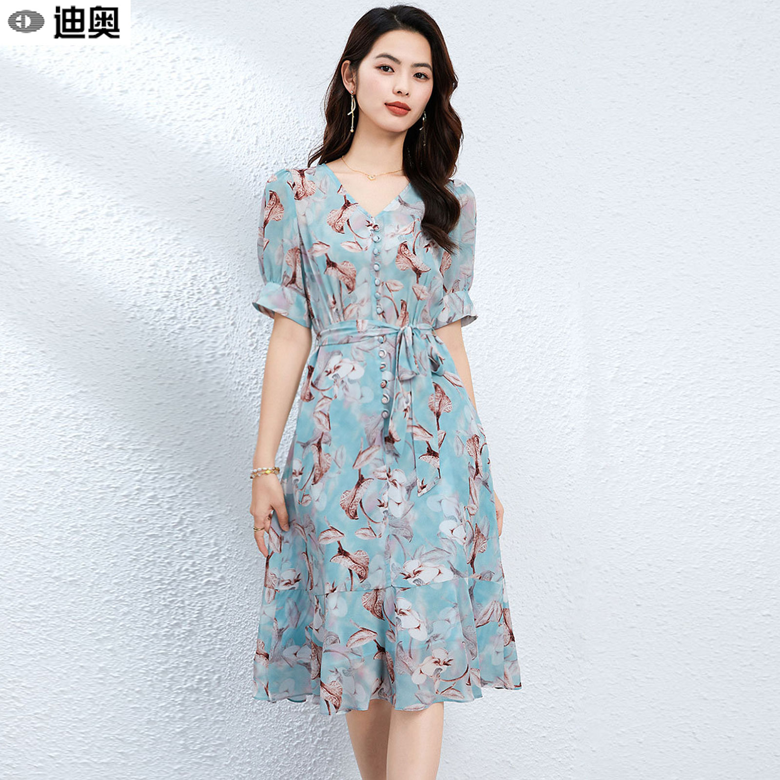 迪奥气质减龄短袖真丝印花连衣裙