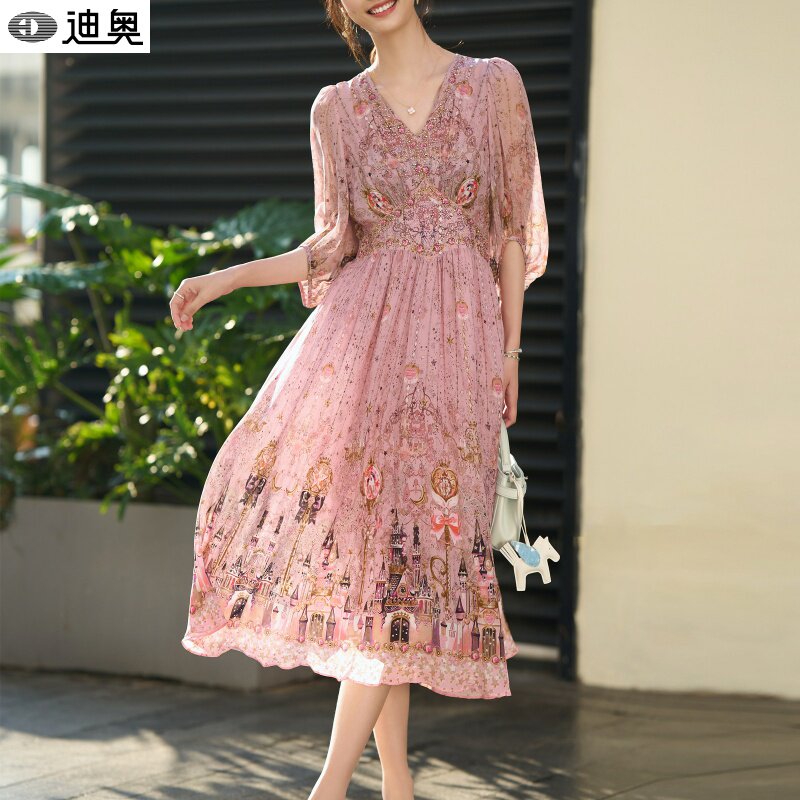 迪奥100%桑蚕丝连衣裙女2026夏季新款法式气质V烫钻真丝印花裙子