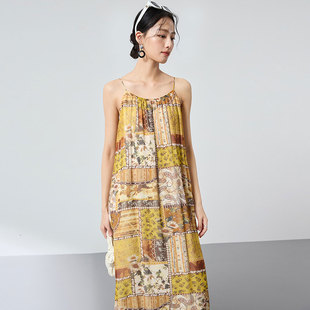 迪奥真丝吊带连衣裙女夏2026新款 波西米亚度假风印花裙桑蚕丝裙子