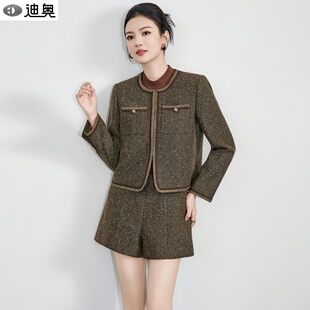 迪奥时尚套装女26春秋新款高品质人字纹羊毛呢短款外套短裤两件套