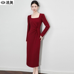 迪奥高级感方领长袖连衣裙女2026春秋新款法式名媛简约收腰礼服裙