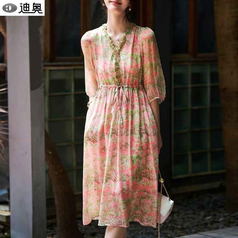 迪奥唯美度假风桑蚕真丝连衣裙女