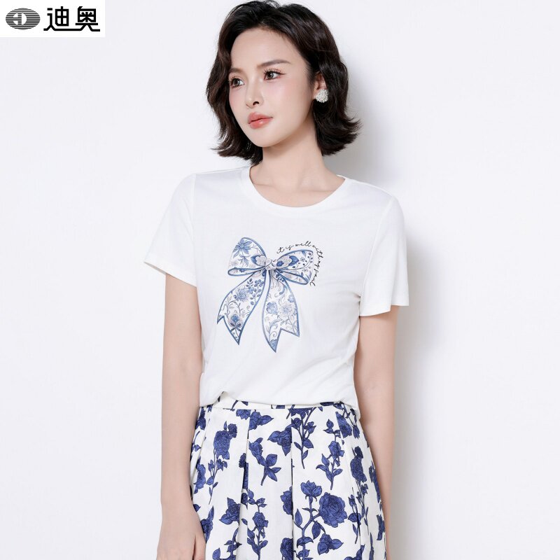 迪奥2026夏季新款短袖女气时尚蝴蝶结印花质减龄百搭圆领T恤上衣