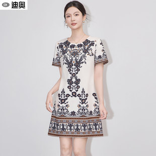 迪奥法式印花连衣裙女夏26新款气质小香风短袖A字裙端庄大气裙子