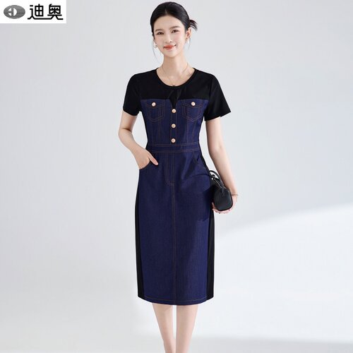 迪奥气质撞色拼接牛仔连衣裙女夏