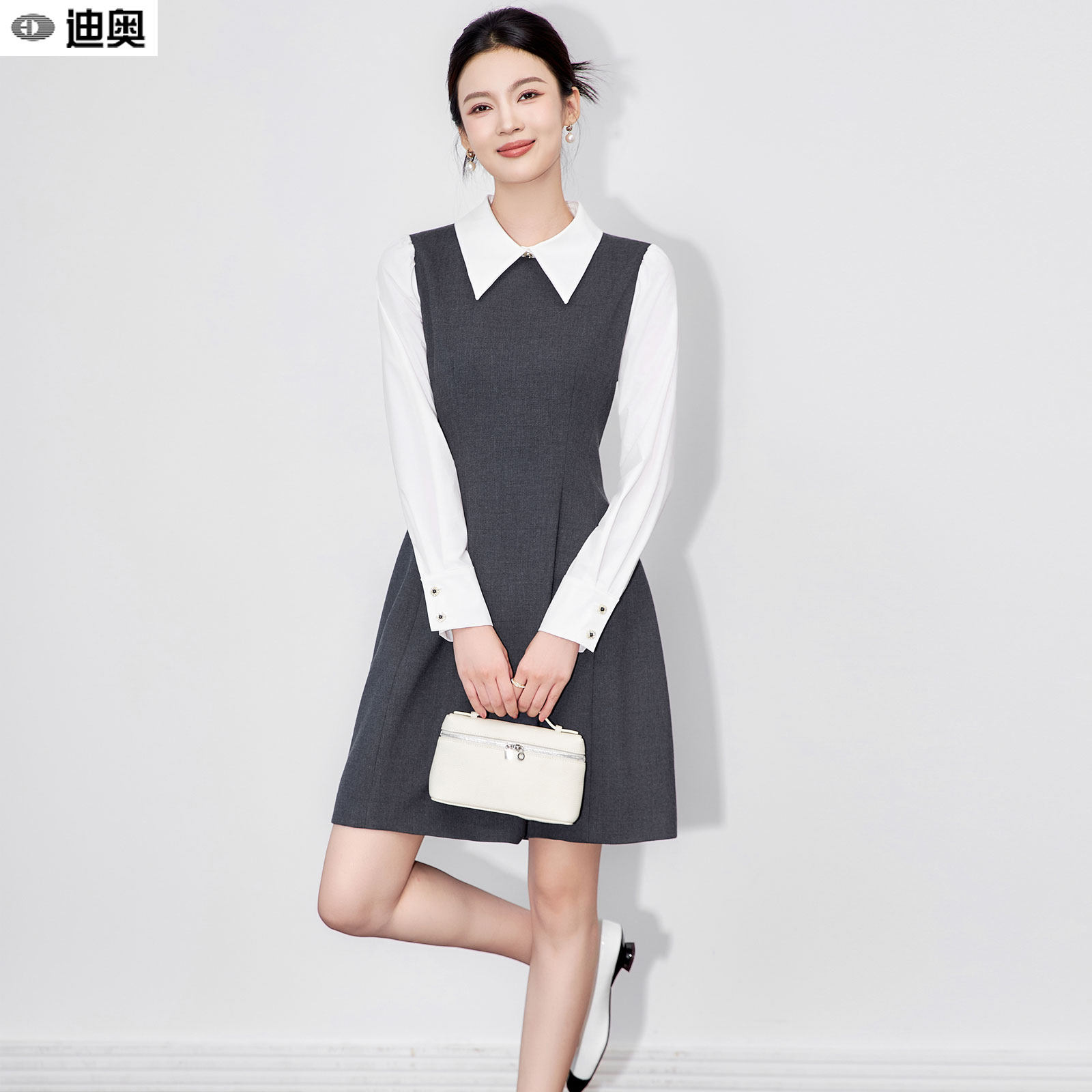 迪奥早秋气质长袖连衣裙女26新款美式学院小香风衬衫假两件中长裙