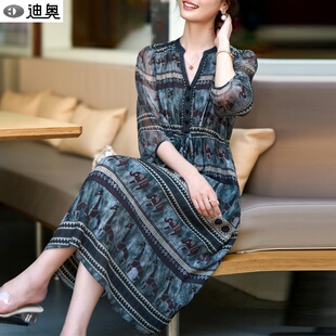 迪奥复古印花真丝连衣裙女2026春夏新款 高级感优雅气质桑蚕丝裙子