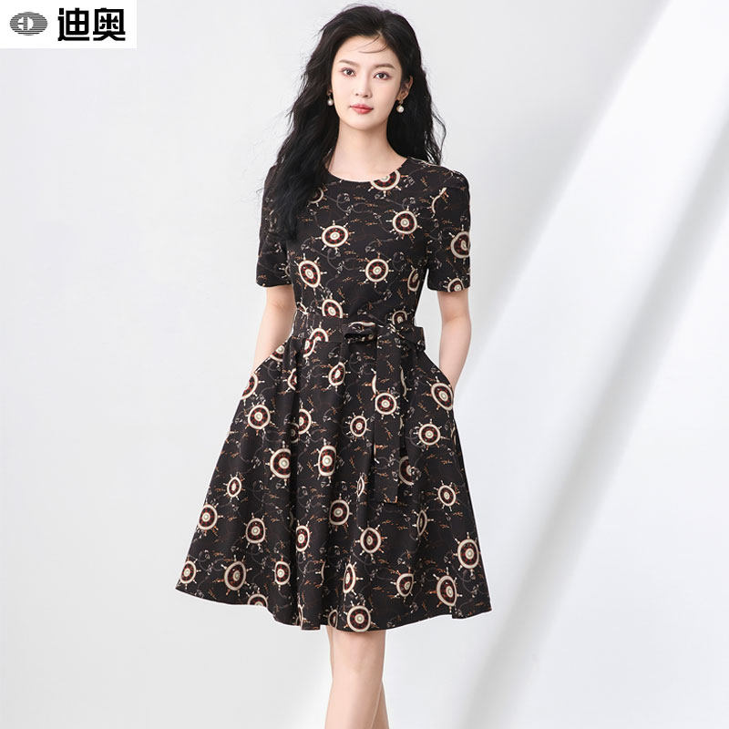 迪奥短袖连衣裙女夏复古气质优雅印花大摆裙26新款时髦洋气中长裙