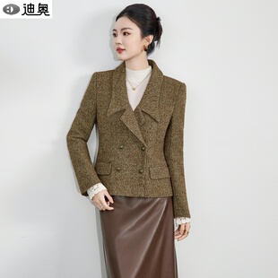 迪奥设计感外套女2025秋冬新款舒适高雅知性轻熟复古细纹毛呢外套