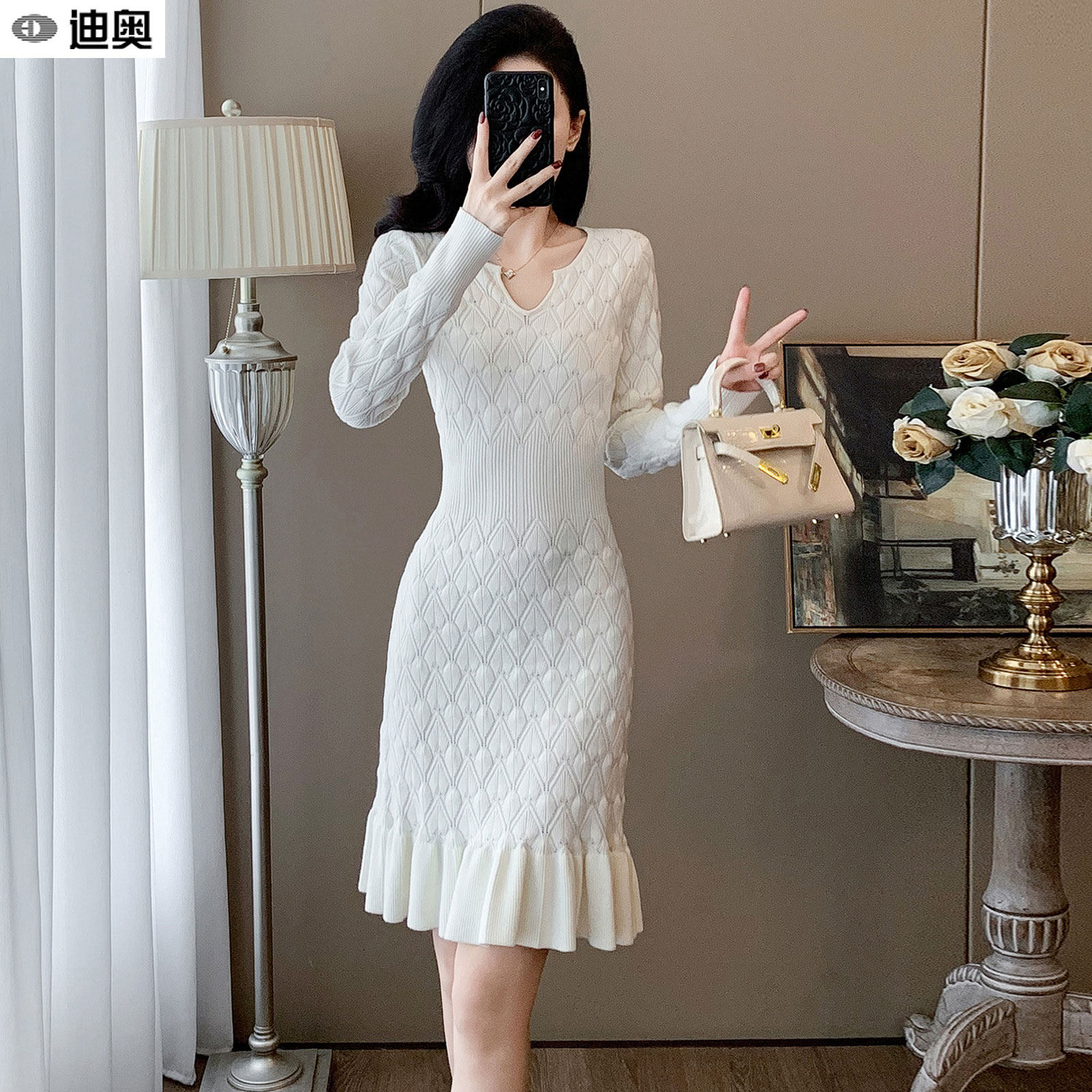 迪奥长袖针织连衣裙女26春秋新款气质名媛风鱼尾裙修身显瘦打底裙