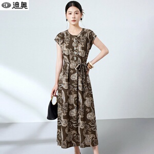 迪奥复古印花桑蚕丝连衣裙女夏2026新款轻奢高级感双绉真丝中厂裙