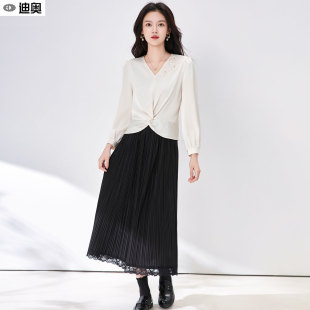 迪奥26春秋新款法式套装裙女气质淑女风长袖衬衫+百搭百褶半身裙
